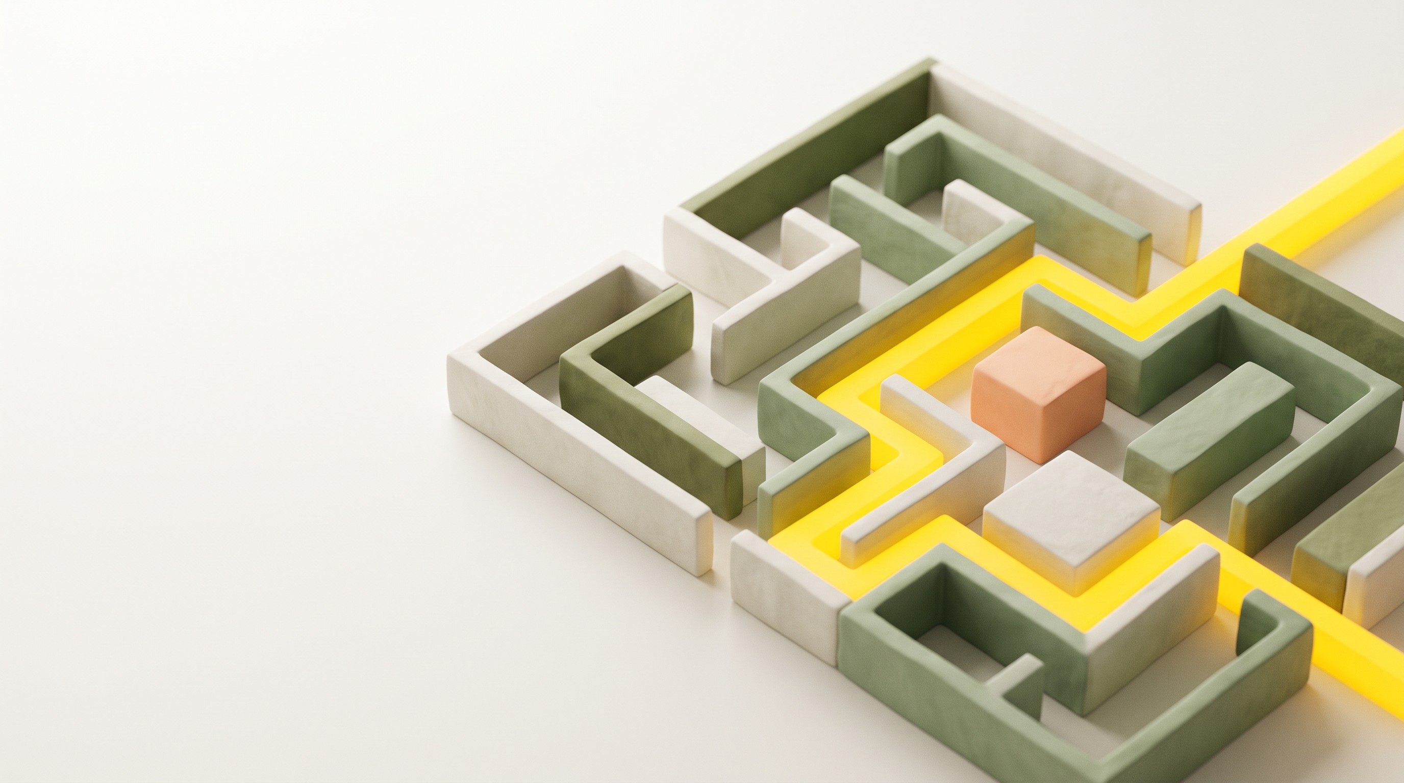 Labyrinth aus hellen matten Volumen mit einem klaren gelben Pfad zum Ausgang